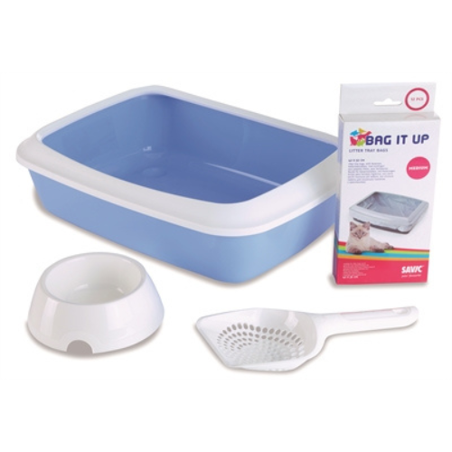 De ideale startersset voor kittens in schattige babykleuren. De startersset bevat een kattenbak, 12 kattenbak zakken met sluitband, een witte voerbak, en een witte kattenbakschep.