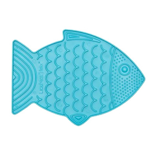 De Lickimat Kat Felix Turquoise 22 cm is kattenspeelgoed om verveling en schrokken tegen te gaan, in te smeren met een zachte beloning of maaltijd en in de zomer in te vriezen.