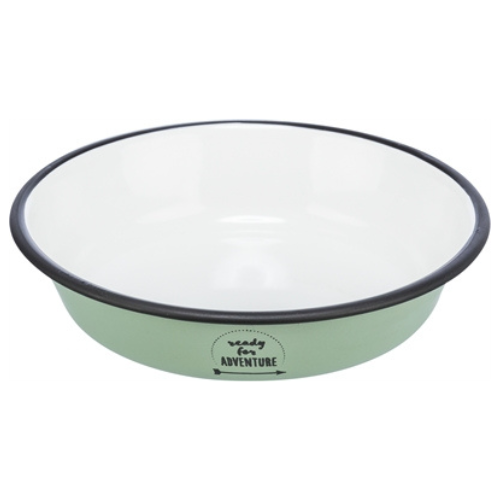 De Trixie Voer/Waterbak Plat Emaille / RVS Groen 12 cm 200 ml is een stoere voerbak of waterbak voor de kat, in een platte uitvoering met slipvaste voetjes om schuiven te voorkomen.