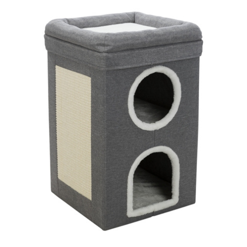 De Trixie Krabpaal Cat Tower Saul Grijs 39 x 39 x 64 cm is een stevige, vierkante krabton voor de kat, met krabvlakken van sisal, schuilplaatsen met gevoerde ligplateaus en afneembare bovenkant.