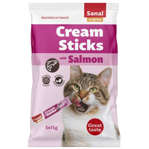 Sanal Cream Sticks Kat Zalm 5 x 15 gr zijn heerlijke, romige snacks voor de volwassen kat, met echte kip en melk. 