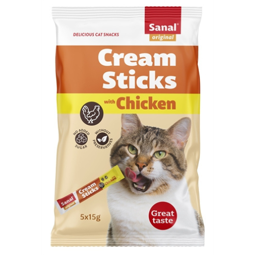 Sanal Cream Sticks Kat Kip 5 x 15 gr zijn heerlijke, romige snacks voor de volwassen kat, met echte kip en melk. 